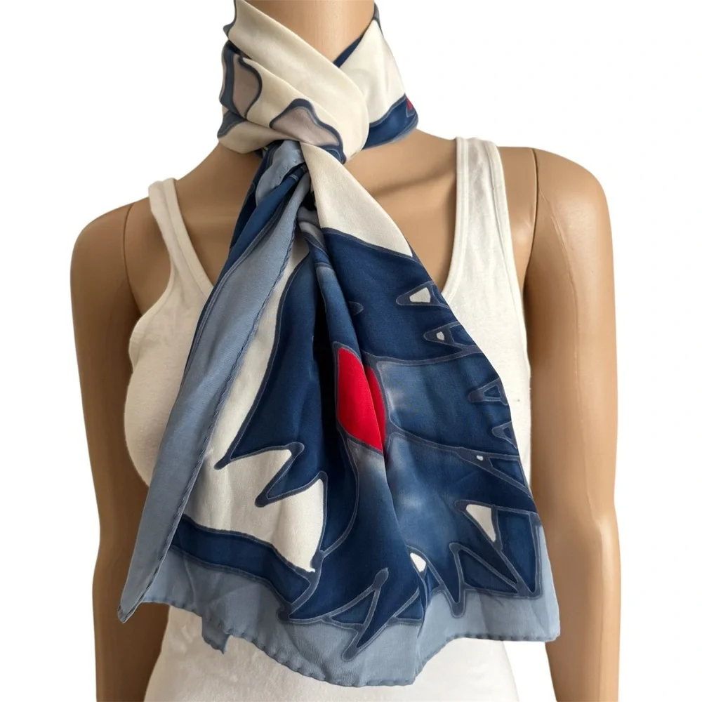 Artisan Hand Painted Blue Red White Silk Floral Neck Skinny Oblong Scarf
